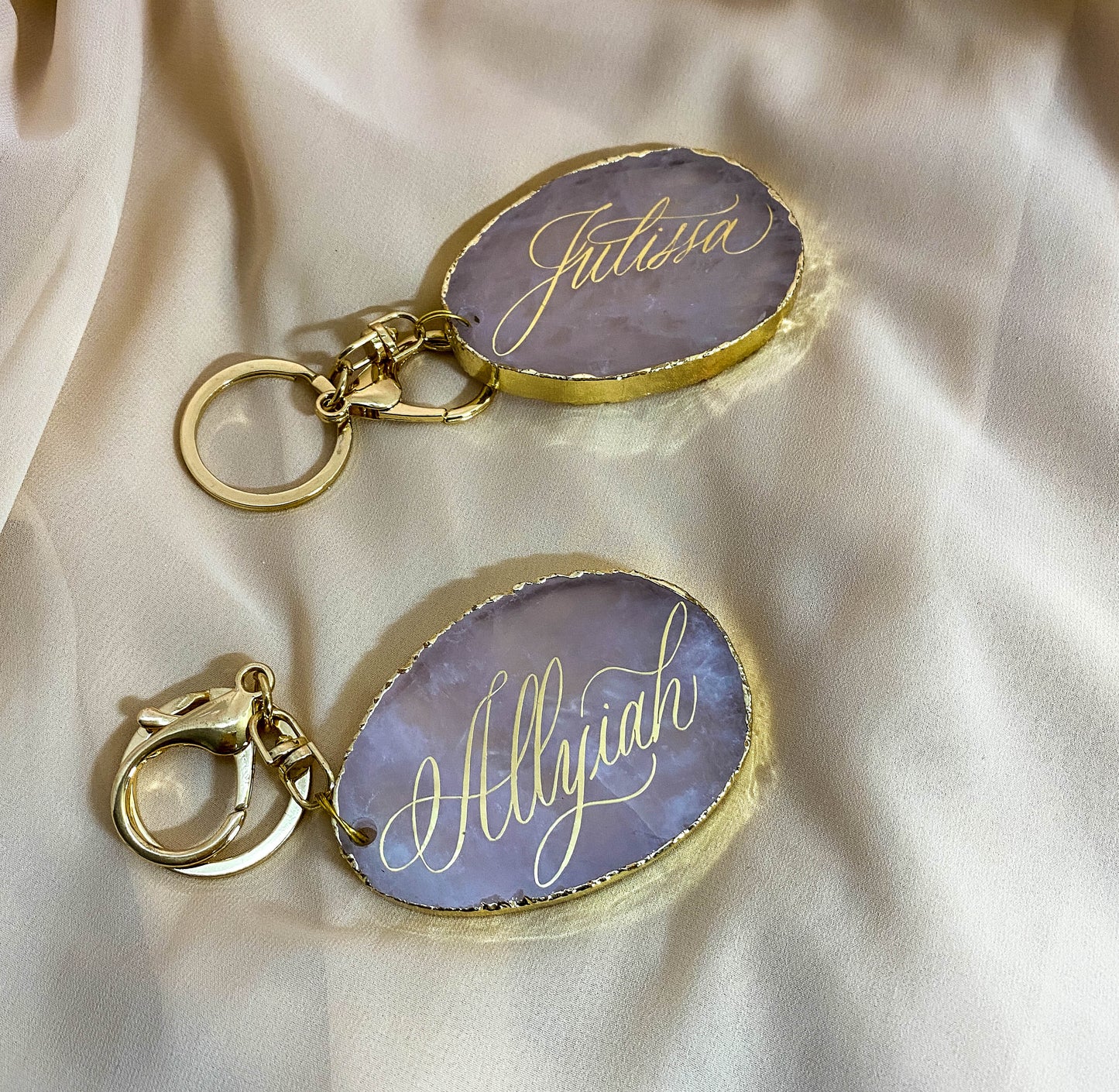 Personalized Calligraphy Rose Quartz Pendant Bag Charm