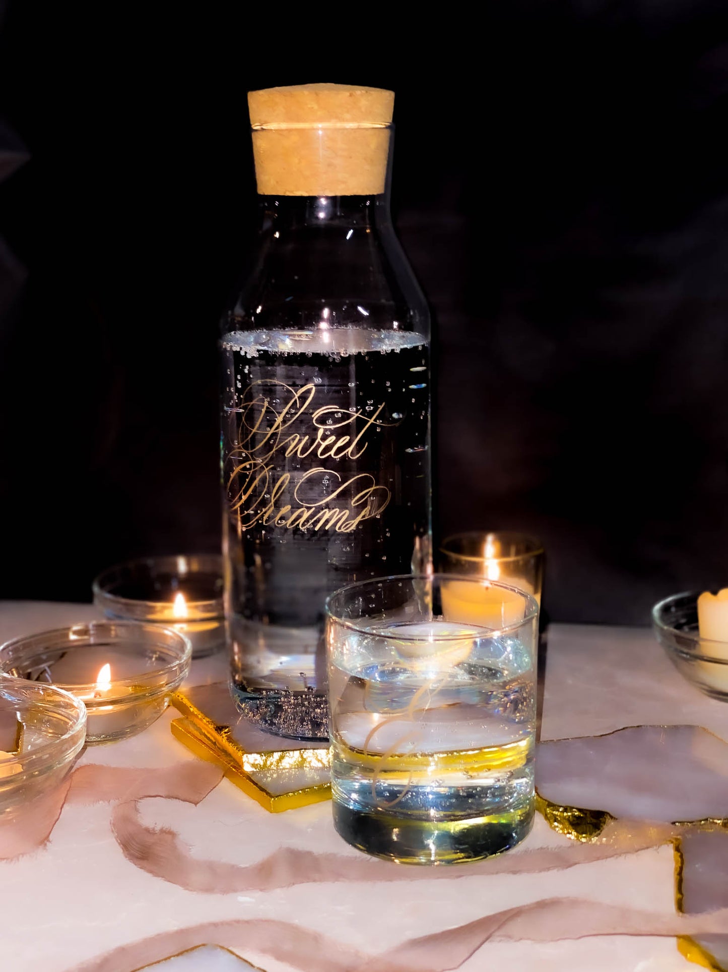 Calligraphy engraved carafe with drinking glass