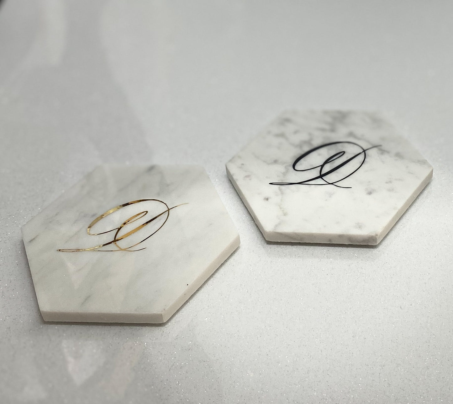 Monogram Hexagon Marble Coasters Letter D Black And Gold