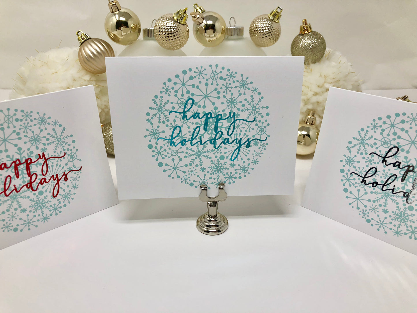 Gold Foil Happy Holidays Snowflake Calligraphy Cards - Roshae Designs