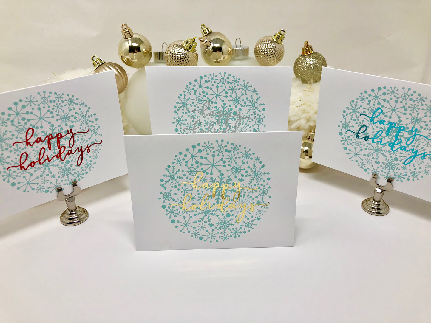 Gold Foil Happy Holidays Snowflake Calligraphy Cards - Roshae Designs