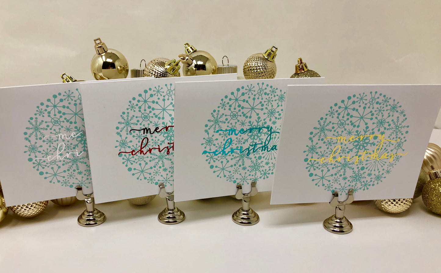 Gold Foil Merry Christmas Snowflake Ball Calligraphy Cards - Roshae Designs