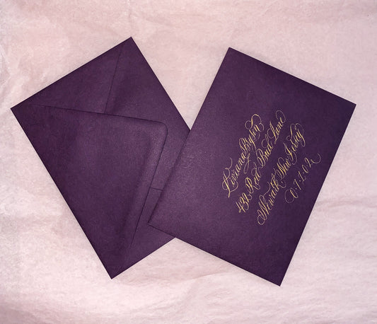 purple A7 envelope gold calligraphy