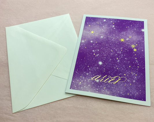 Aries Calligraphy Gold Foil Zodiac Birthday Card White Envelope