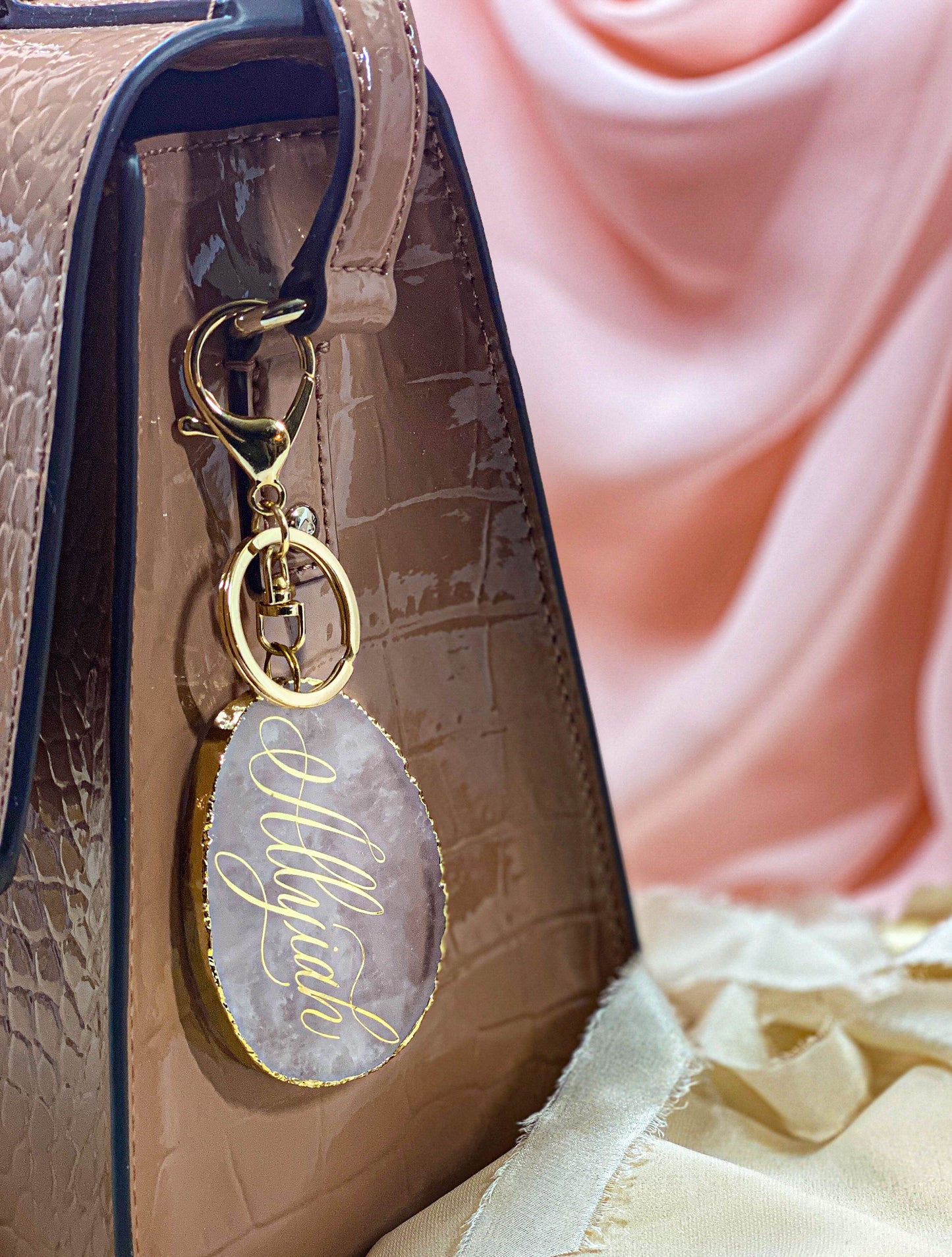 Personalized Calligraphy Rose Quartz Pendant Bag Charm