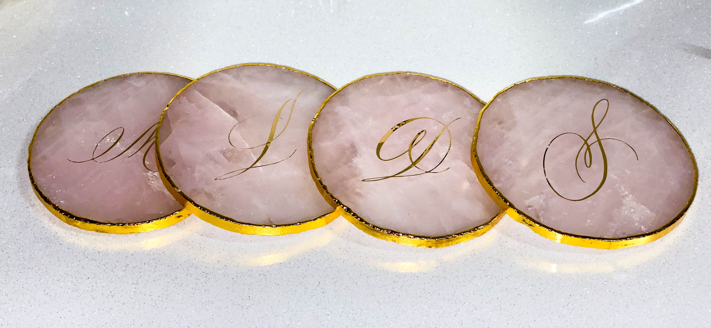 Mongram Rose Quartz Coaster Set Assorted Letter Gold