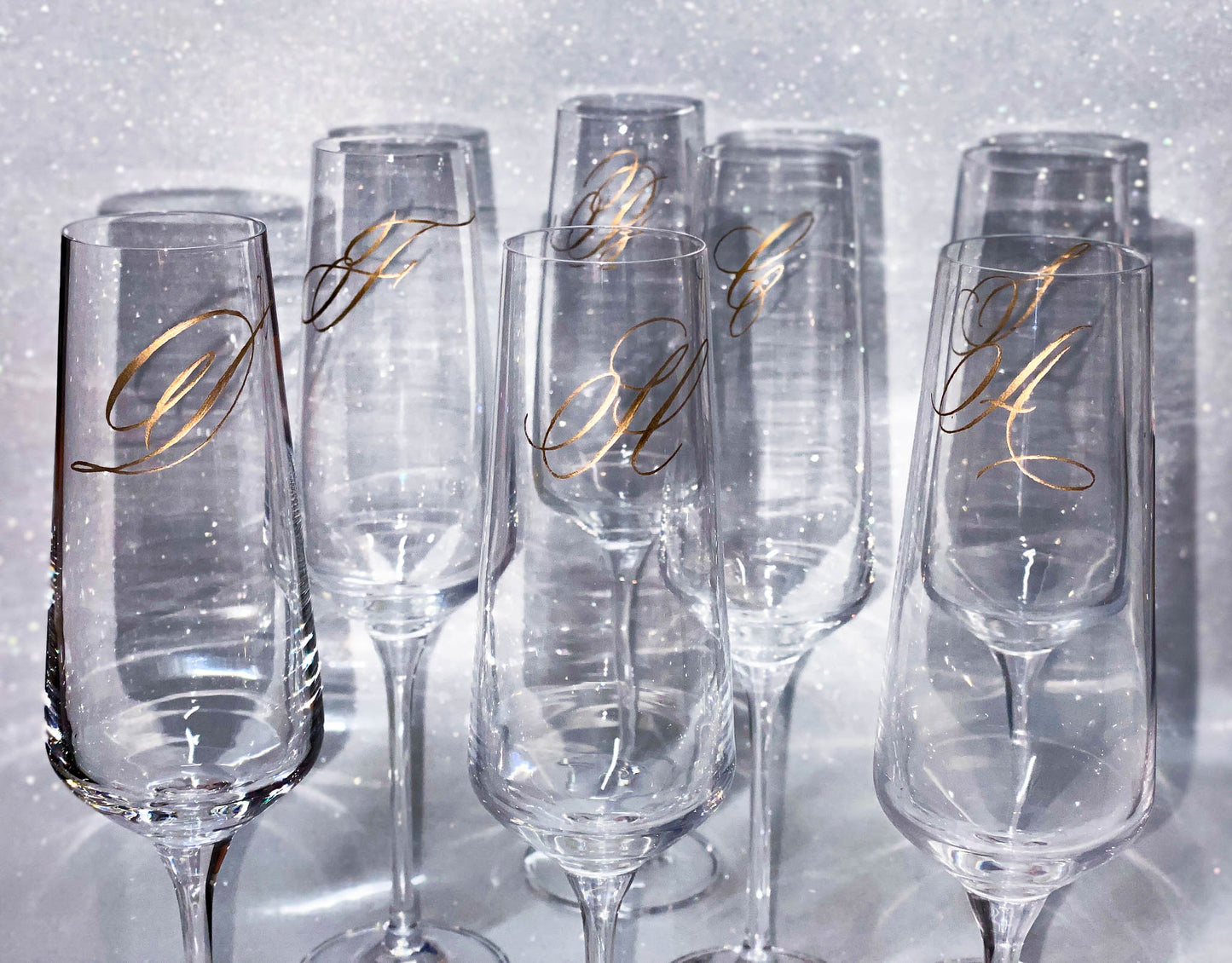 Gold Calligraphy Monogram Engraved Champagne Flutes