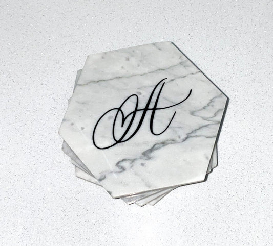 Monogram Hexagon Marble Coasters Letter A Black