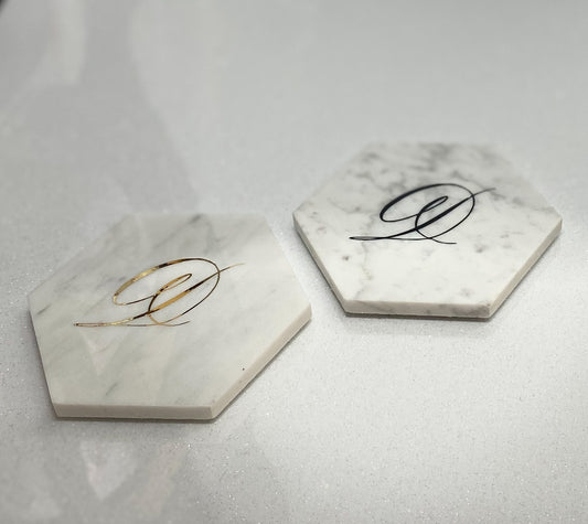 Monogram Hexagon Marble Coasters Letter D Black And Gold