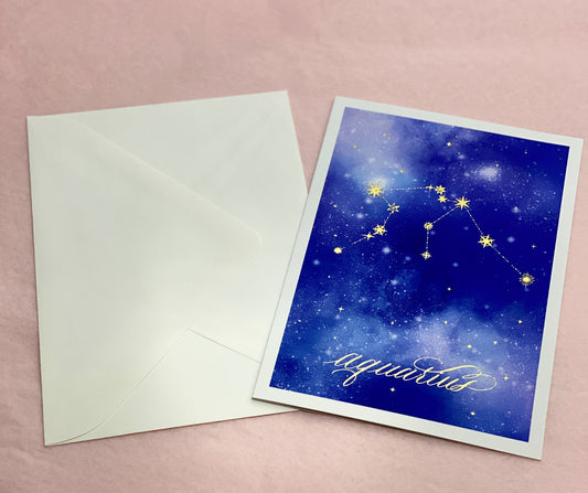Aquarius Blue Gold Foil Zodiac Birthday Card