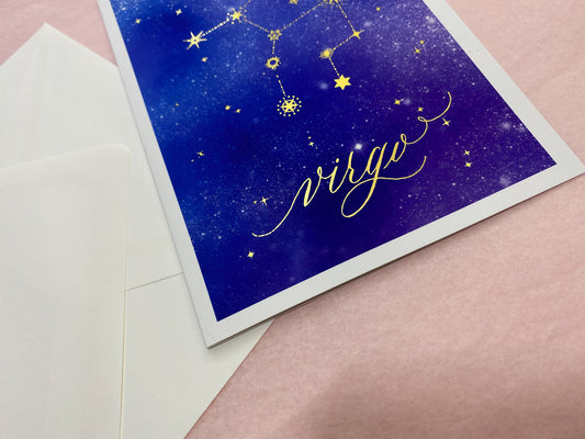 Virgo Calligraphy Gold Foil Zodiac Birthday Card