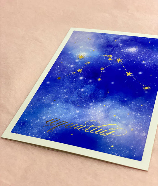 Aquarius Calligraphy Gold Foil Zodiac Birthday Card